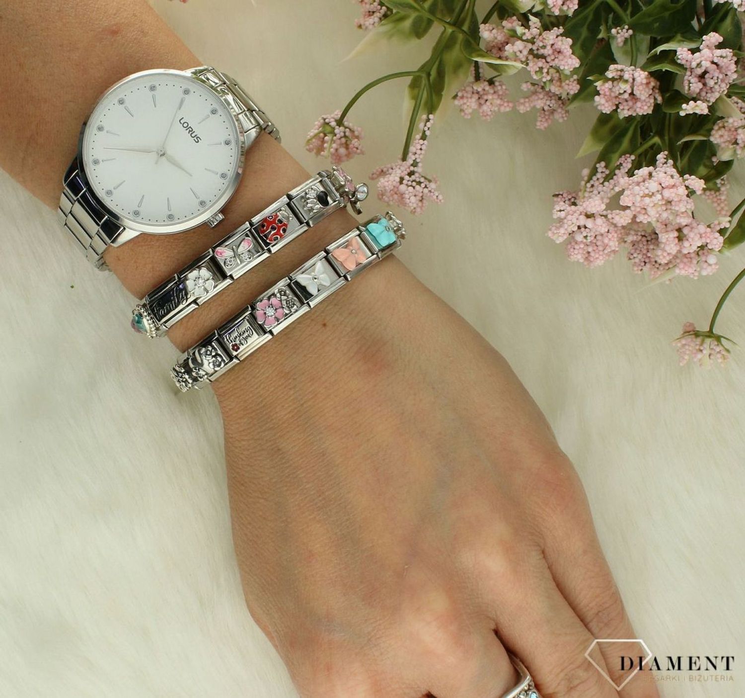 Nomination Link 925 zawieszka srebro Podwójny link z napisem 'Mom' i różowym kwiatem 330734 20.png